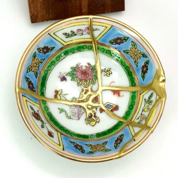 Kintsugi Bowl Chinese Vtg Jingdezhen Mini Gold Crack Japanese Art Growth Gift - Picture 11 of 11